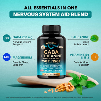 NUTRAHARMONY GABA L-Theanine 900mg – Made in USA | Magnesium & Vitamin B6 | Calm, Sleep & Mood Support – 240 Capsules