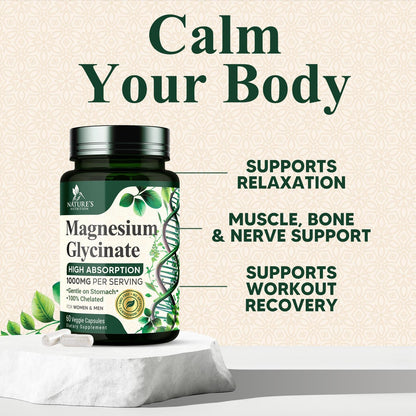 Magnesium Glycinate 1000mg – Chelated Magnesium for Heart, Nerves, Bones & Muscles | 60 Capsules