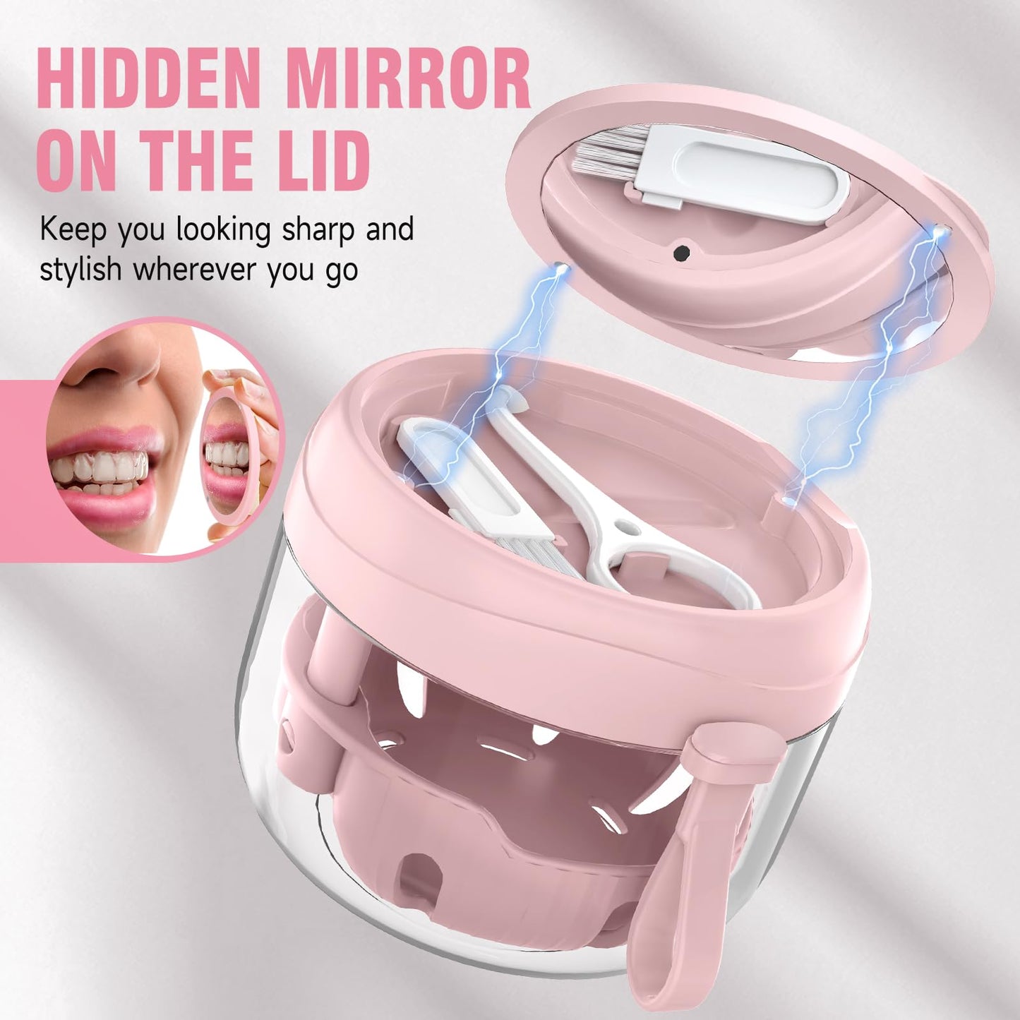 Leak-Proof Denture Bath Box Kit | Portable Travel Retainer Case with Mirror, Brush & Strainer