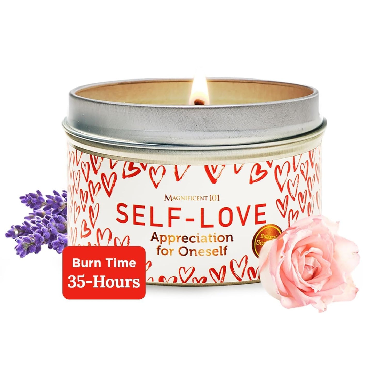 Magnificent 101 Self-Love Aromatherapy Tin Candle – 6 oz, 35-Hour Burn, All-Natural Soy Wax with Sage Rose Lavender