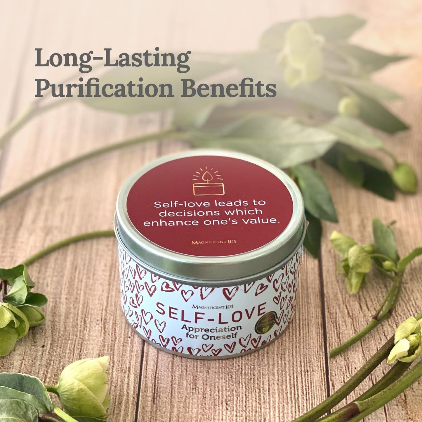 Magnificent 101 Self-Love Aromatherapy Tin Candle – 6 oz, 35-Hour Burn, All-Natural Soy Wax with Sage Rose Lavender