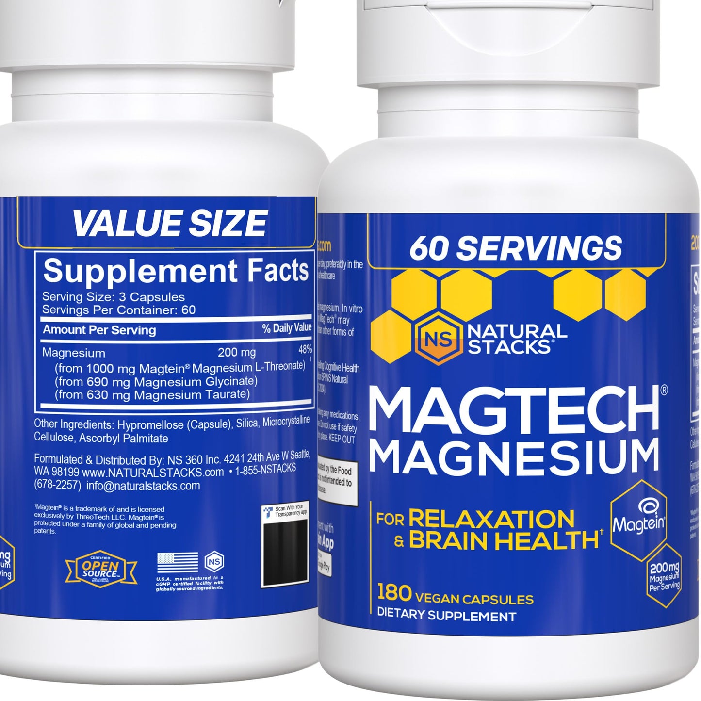 MagTech Magnesium Complex - 3-Form Magnesium (Magtein L-Threonate, Glycinate & Taurate) 200mg, 180 Capsules | NATURAL STACKS