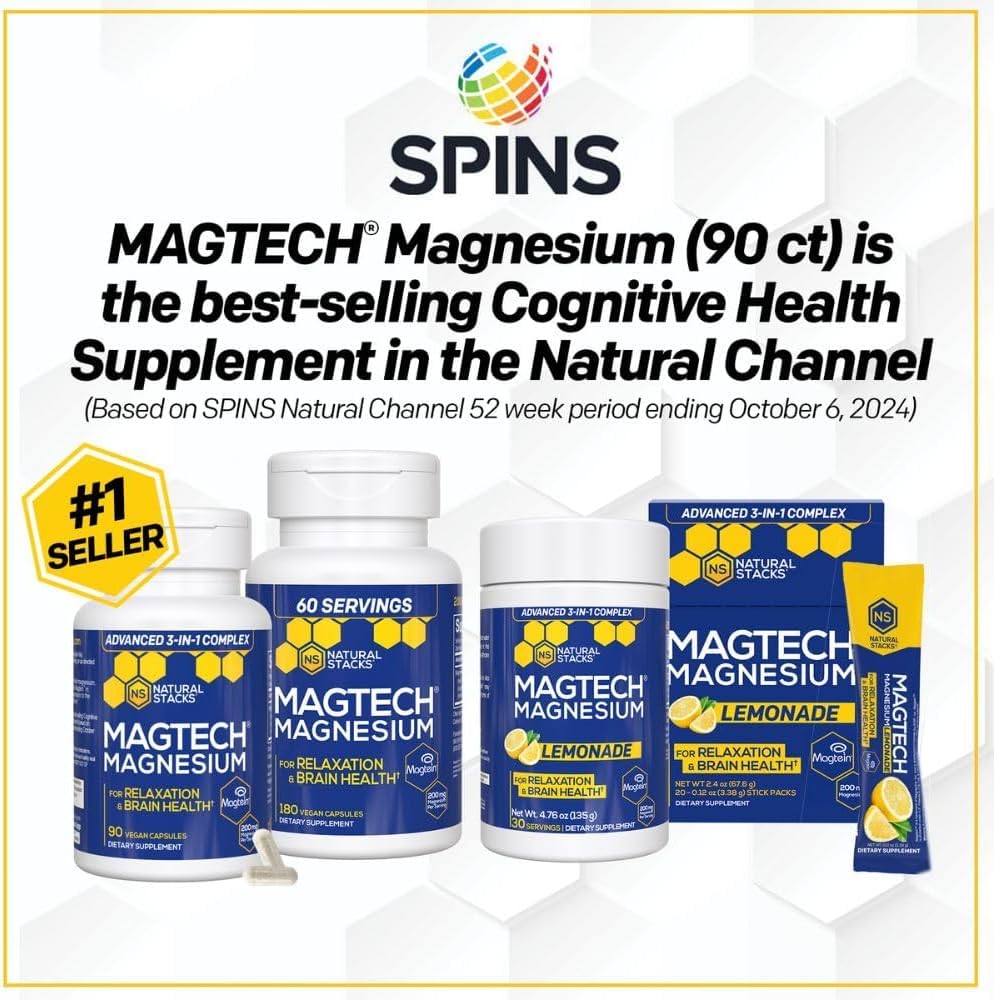 MagTech Magnesium Complex - 3-Form Magnesium (Magtein L-Threonate, Glycinate & Taurate) 200mg, 180 Capsules | NATURAL STACKS