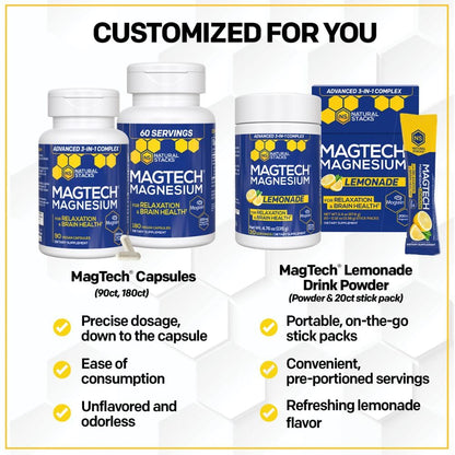 MagTech Magnesium Complex - 3-Form Magnesium (Magtein L-Threonate, Glycinate & Taurate) 200mg, 180 Capsules | NATURAL STACKS