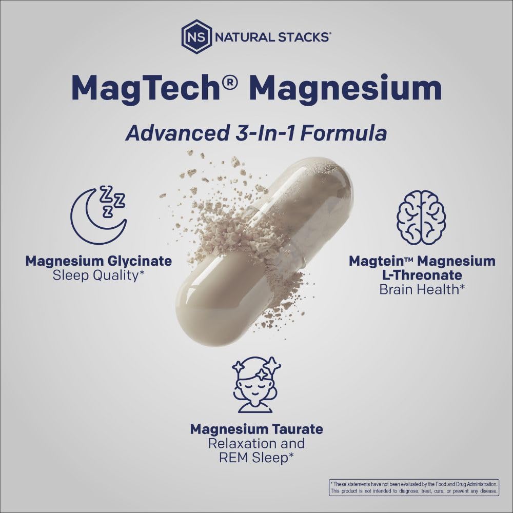 MagTech Magnesium Complex - 3-Form Magnesium (Magtein L-Threonate, Glycinate & Taurate) 200mg, 180 Capsules | NATURAL STACKS