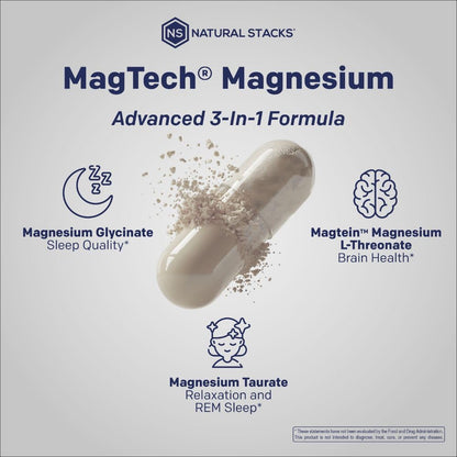MagTech Magnesium Complex - 3-Form Magnesium (Magtein L-Threonate, Glycinate & Taurate) 200mg, 180 Capsules | NATURAL STACKS