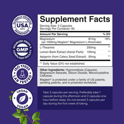 High Absorption Magnesium Sleep Supplement - Magtein L-Threonate + Apigenin Theanine for Rest (180 Ct)