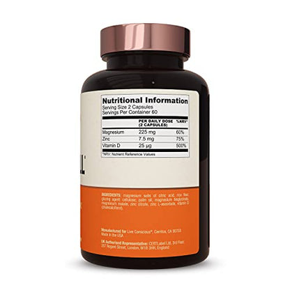 Live Conscious Magnesium Zinc & Vitamin D3 - Bioavailable Forms of Magnesium - Malate, Glycinate, Citrate - MagWell Bone & Heart Health, Immune System Support - 120 Capsules (2-Pack)
