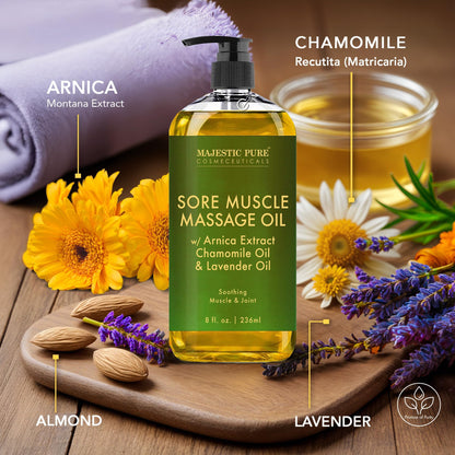Majestic Pure Arnica Sore Muscle Massage Oil – Lavender & Chamomile (8 oz x2)