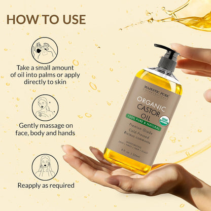 Majestic Pure Organic Castor Oil – 100% Pure, Cold-Pressed, Hexane Free – 8oz