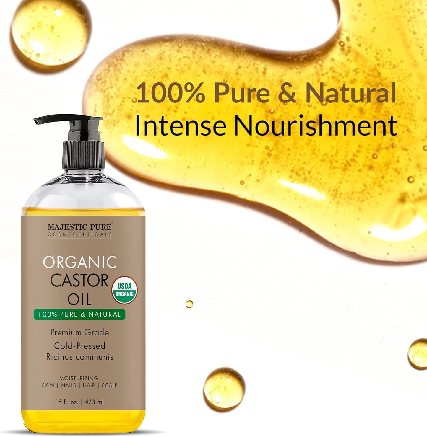 Majestic Pure USDA Organic Castor Oil - 16 Fl Oz | 100% Pure & Natural, Cold Pressed, Hexane Free