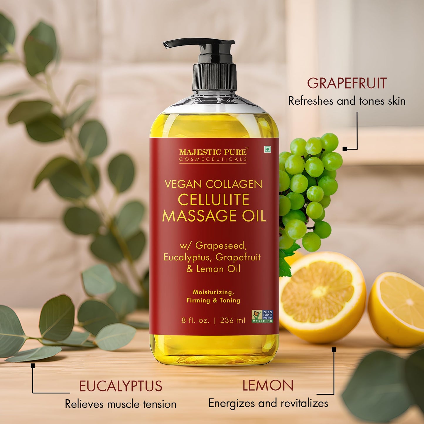 Majestic Pure Cellulite Massage Oil with Roller – Massage Therapy, Natural & Hydrating (8 oz)