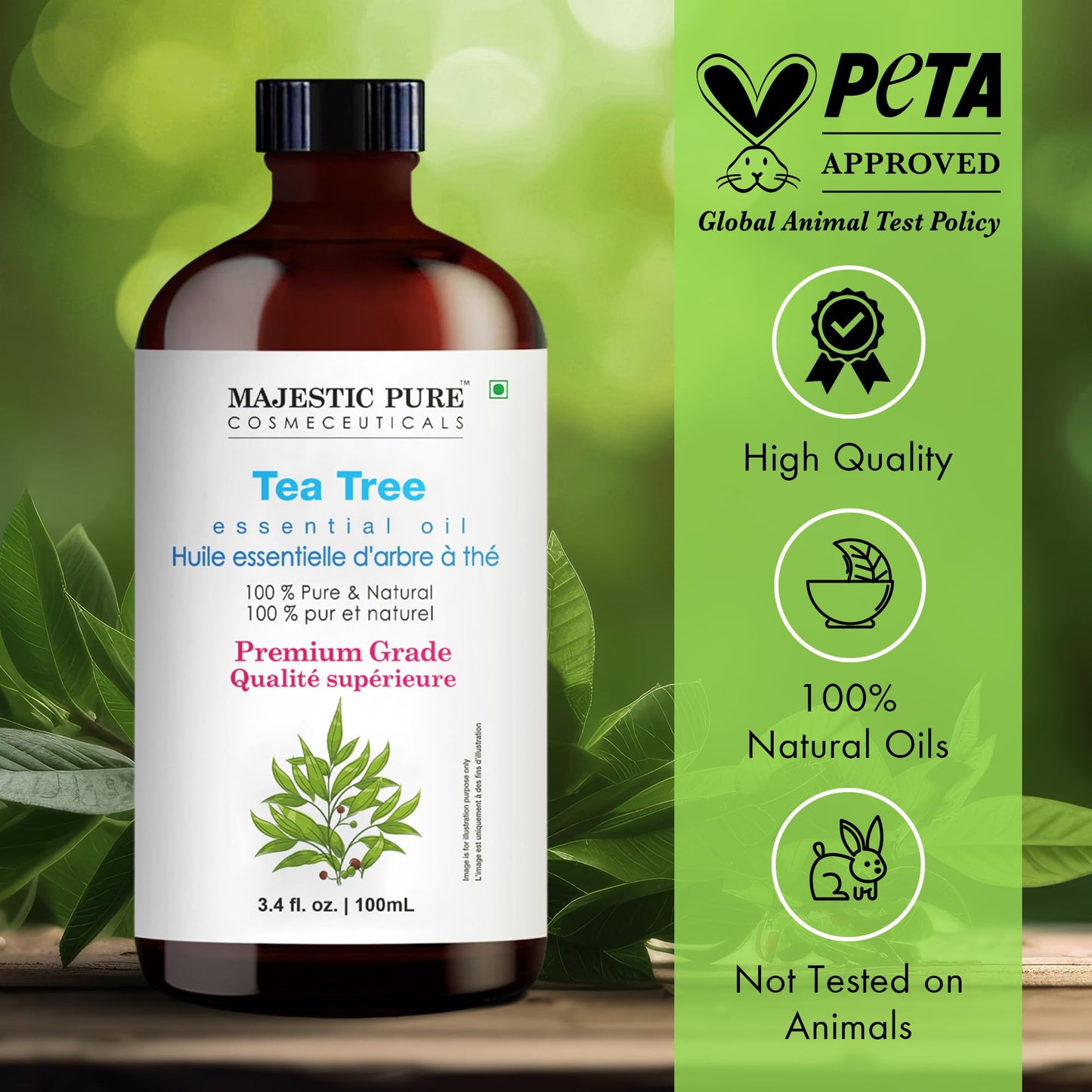 Majestic Pure Tea Tree Essential Oil – 3.4 Fl Oz, 100% Pure & Natural with Glass Dropper