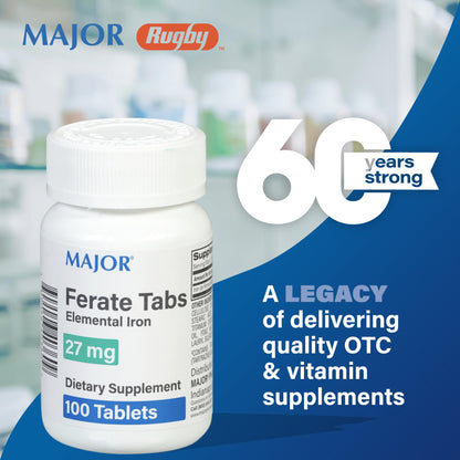 Major 27 mg Ferate Tabs - Ferrous Gluconate Iron Supplement, 100 Count (1 Pack)