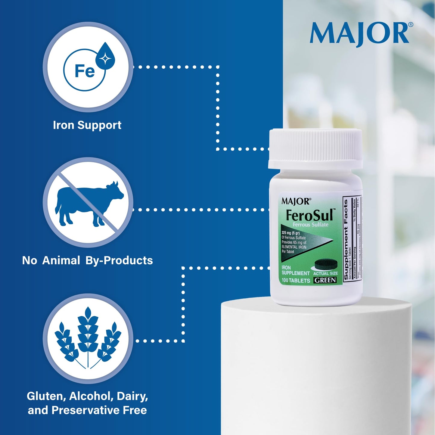 Major Ferosul 325mg Ferrous Sulate – Green Tablets (100 ct)