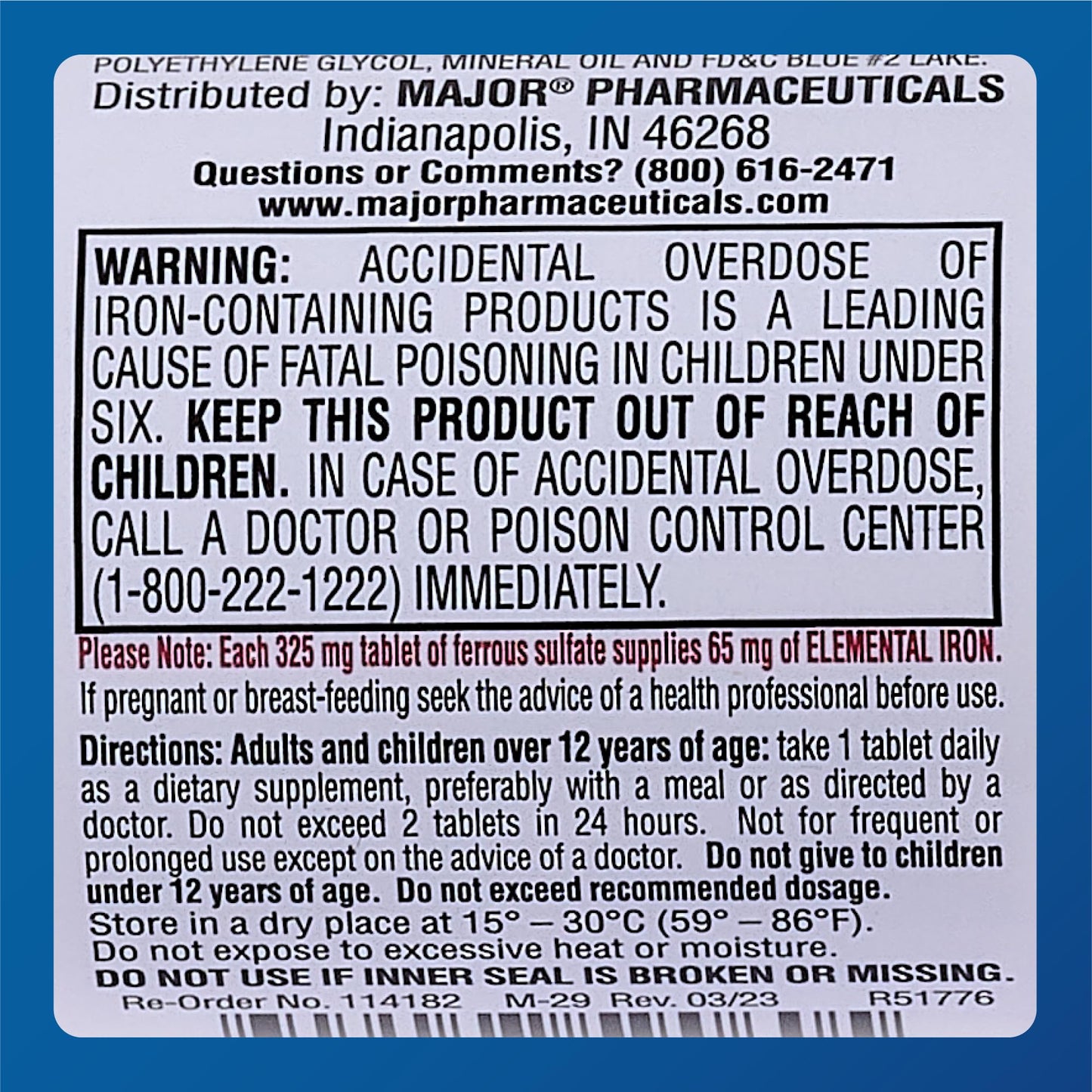 Major Ferosul Ferrous Sulfate 325mg Tablets with 65mg Elemental Iron – Iron Supplement for Women & Men – Red – 100 Count (6 Pack)
