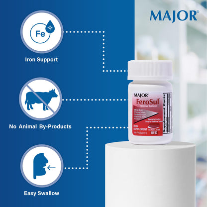 Major Ferosul Ferrous Sulfate 325mg - 65mg Elemental Iron | Iron Supplement (Red) 100 Count