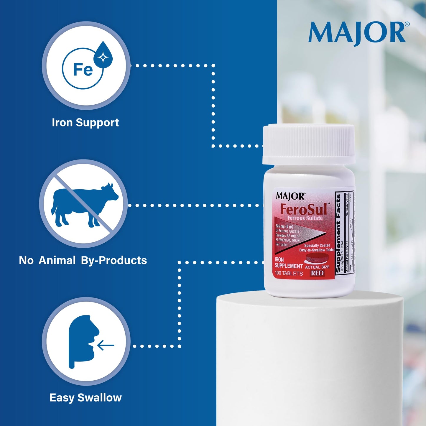 MAJOR Ferosul Ferrous Sulfate 325mg Tablets with 65mg Elemental Iron – Iron Supplement for Women & Men | Red, 100 Count (3 Pack)
