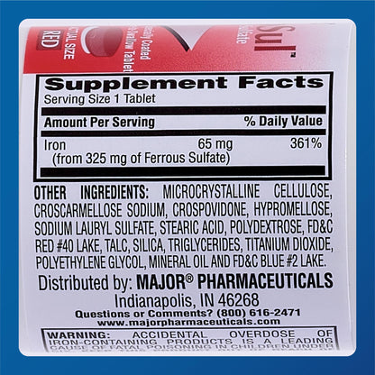 Major Ferosul Ferrous Sulfate 325mg - 65mg Elemental Iron | Iron Supplement (Red) 100 Count