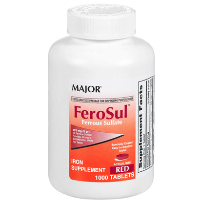 Major FeroSul Ferrous Sulate 325 mg – Iron Supplement for Women & Men, Easy-to-Swallow Red Tablets, 1000 Count