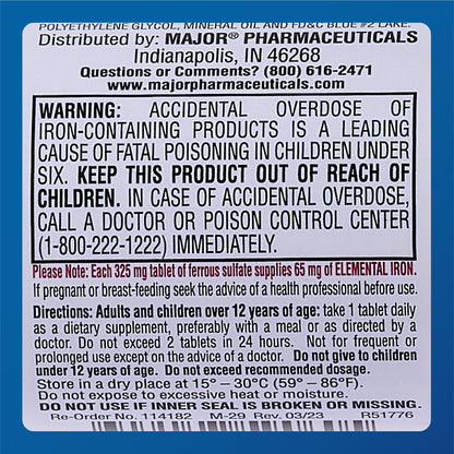 Major Ferosul Ferrous Sulfate 325mg - 65mg Elemental Iron | Iron Supplement (Red) 100 Count