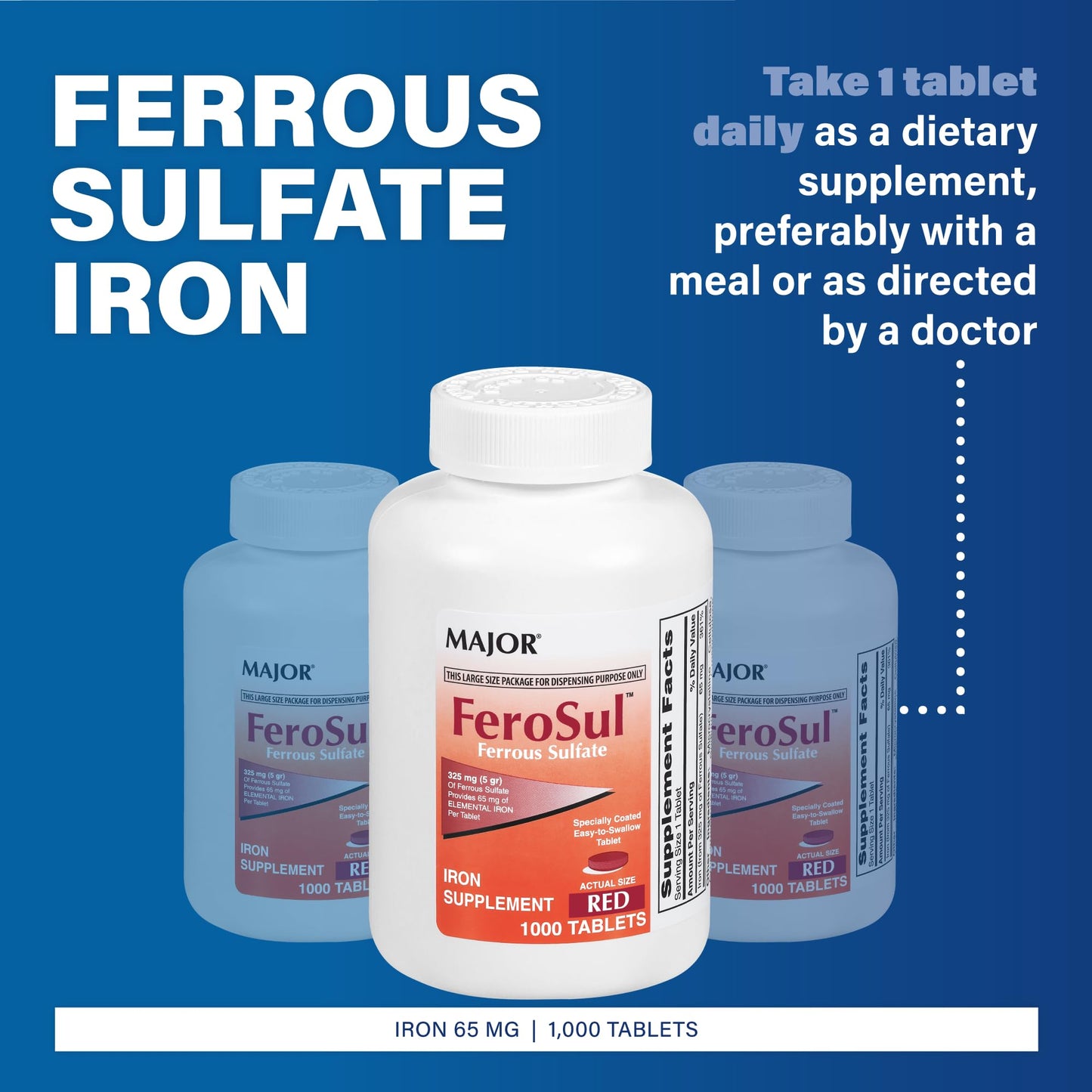 Major FeroSul Ferrous Sulate 325 mg – Iron Supplement for Women & Men, Easy-to-Swallow Red Tablets, 1000 Count