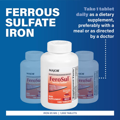 Major Ferosul Ferrous Sulate – 65mg Elemental Iron, 100 Red Tablets, Pack of 1