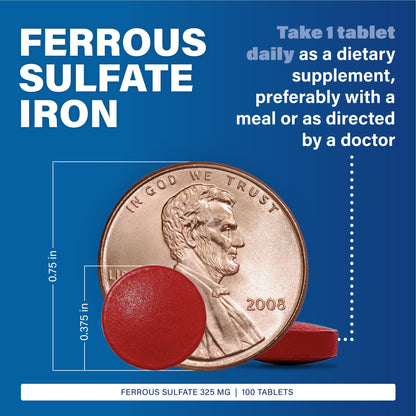 Major Ferosul Ferrous Sulfate 325mg Tablets with 65mg Elemental Iron – Iron Supplement for Women & Men – Red – 100 Count (6 Pack)