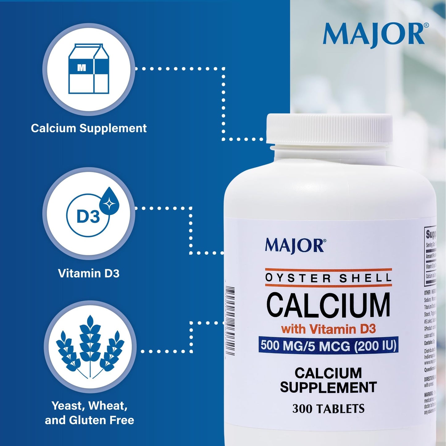 Major Oyster Shell Calcium with Vitamin D3 500 mg | Daily Calcium Supplement, 300 Tablets