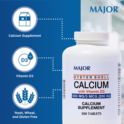Major Oyster Shell Calcium with Vitamin D3 500 mg | Daily Calcium Supplement, 300 Tablets