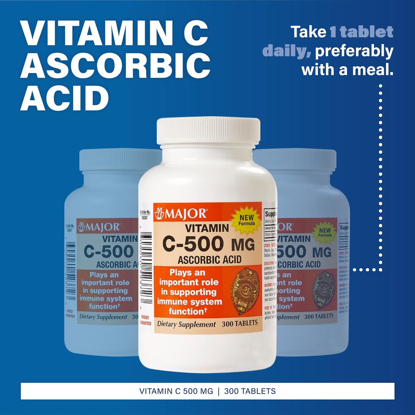 Major Vitamin C 500 mg Tablets (Ascorbic Acid) – 300 Count – Dietary Supplement | 1 Pack