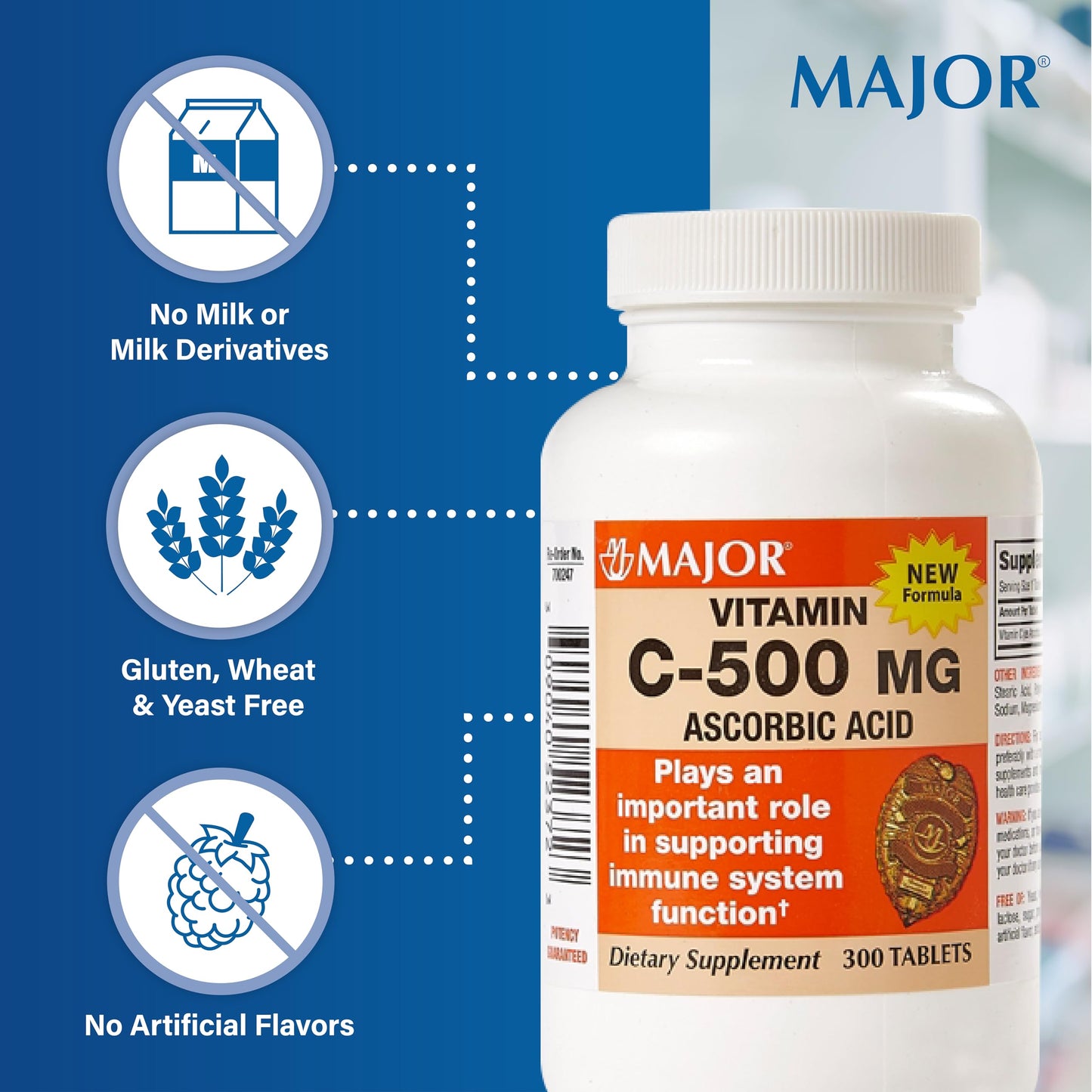 Major Vitamin C 500 mg Tablets (Ascorbic Acid) – 300 Count – Dietary Supplement | 1 Pack