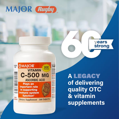 Major Vitamin C 500 mg Tablets (Ascorbic Acid) – 300 Count – Dietary Supplement | 1 Pack