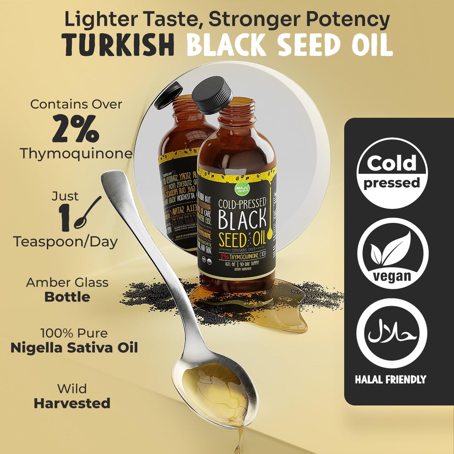 MAJU Black Seed Oil 16oz – 3X Thymoquinone, Cold-Pressed Turkish Nigella Sativa