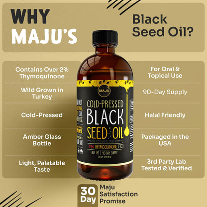 MAJU Black Seed Oil 16oz – 3X Thymoquinone, Cold-Pressed Turkish Nigella Sativa