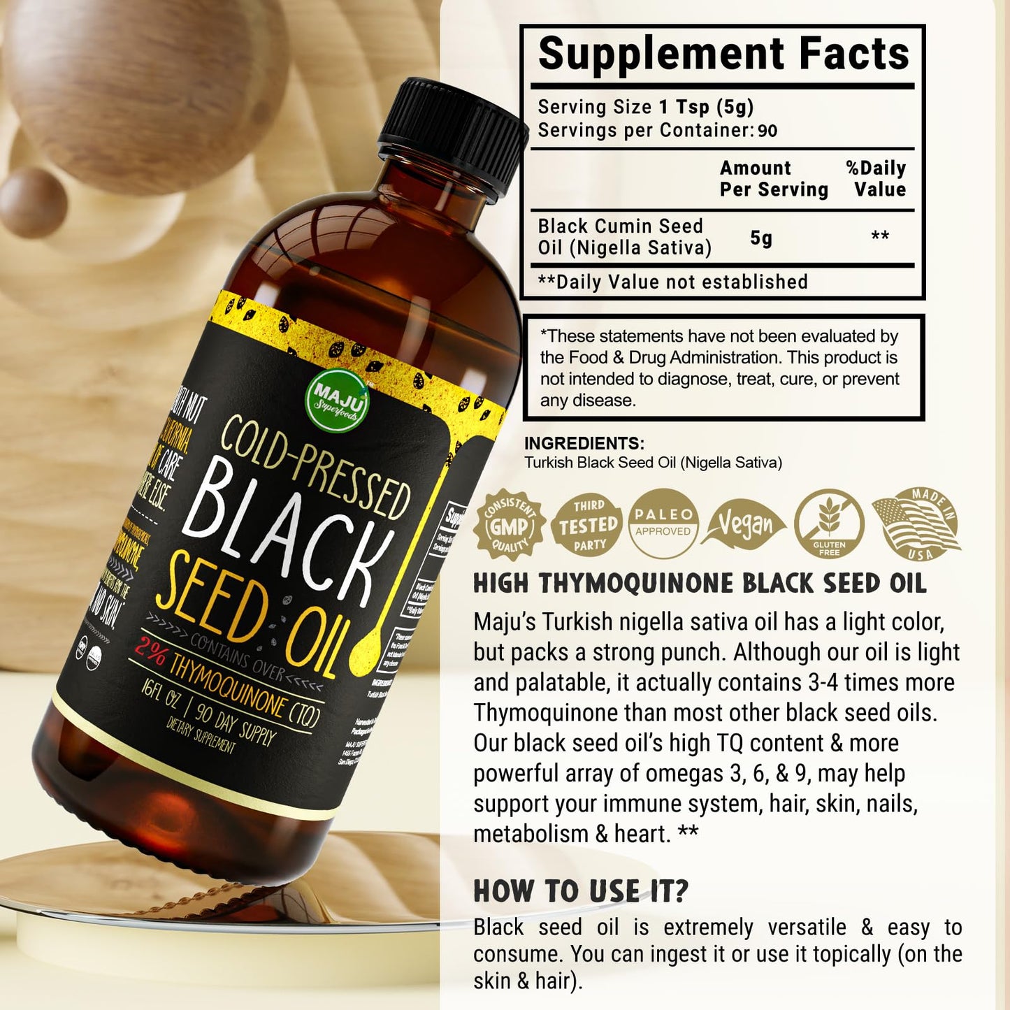 MAJU Black Seed Oil 16oz – 3X Thymoquinone, Cold-Pressed Turkish Nigella Sativa