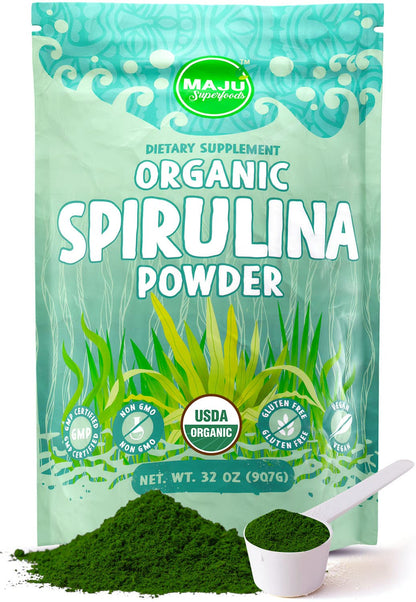 MAJU Organic Spirulina Powder (2 lb) – Jumbo Size, Non-GMO, Vegan, Gluten-Free