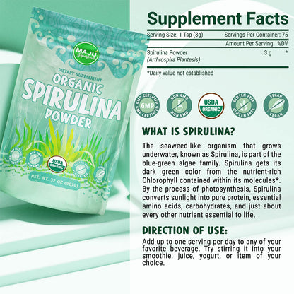 MAJU Organic Spirulina Powder (2 lb) – Jumbo Size, Non-GMO, Vegan, Gluten-Free