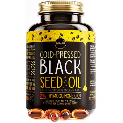Maju Superfoods Black Seed Oil Capsules – 120 Count, 500mg, Cold-Pressed Nigella Sativa, 2% Thymoquinone, Organic Turkish Black Cumin