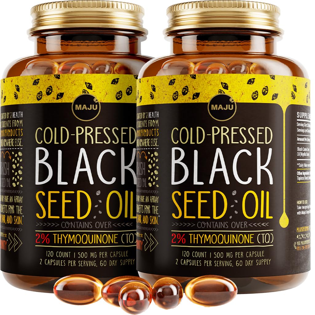 Maju Superfoods Black Seed Oil Capsules – 2% Thymoquinone, 120x500mg, Cold-Pressed Turkish Nigella Sativa (2-Pack)