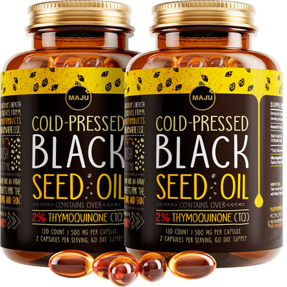 Maju Superfoods Black Seed Oil Capsules – 2% Thymoquinone, 120x500mg, Cold-Pressed Turkish Nigella Sativa (2-Pack)