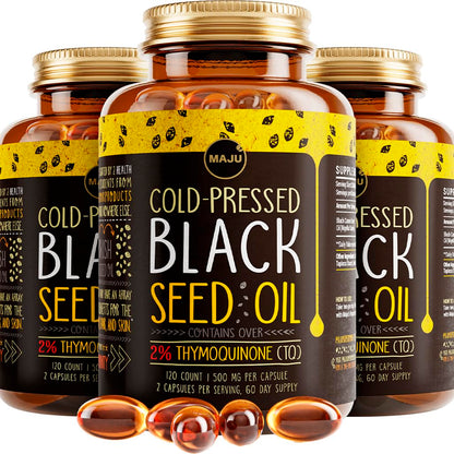 Maju Superfoods Black Seed Oil Capsules – Organic Turkish Nigella Sativa, Cold-Pressed, 2% Thymoquinone, 120 Count (3-Pack)