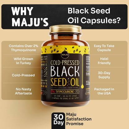Maju Superfoods Black Seed Oil Capsules – 120 Count, 500mg, Cold-Pressed Nigella Sativa, 2% Thymoquinone, Organic Turkish Black Cumin