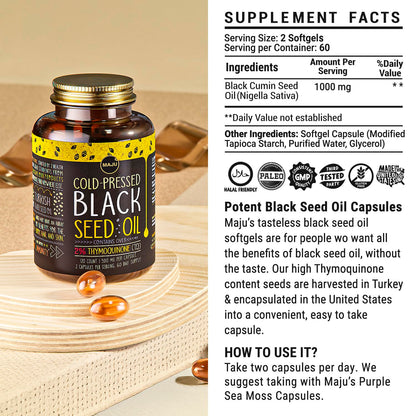 Maju Superfoods Black Seed Oil Capsules – 120 Count, 500mg, Cold-Pressed Nigella Sativa, 2% Thymoquinone, Organic Turkish Black Cumin
