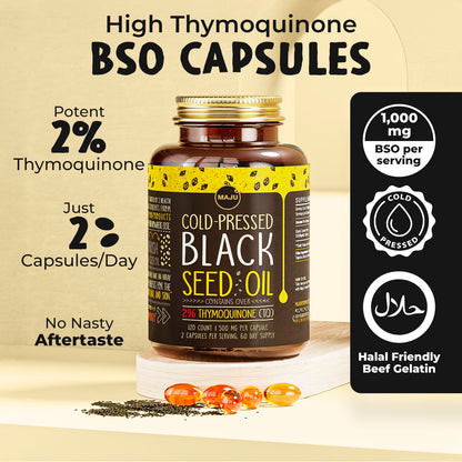 Maju Superfoods Black Seed Oil Capsules – 2% Thymoquinone, 120x500mg, Cold-Pressed Turkish Nigella Sativa (2-Pack)