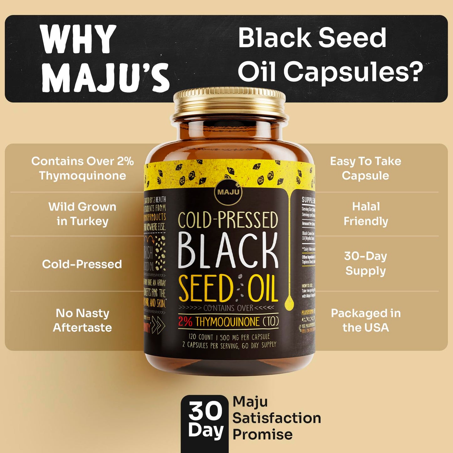 Maju Superfoods Black Seed Oil Capsules – 120 Count, 500mg, Cold-Pressed Nigella Sativa, 2% Thymoquinone, Organic Turkish Black Cumin