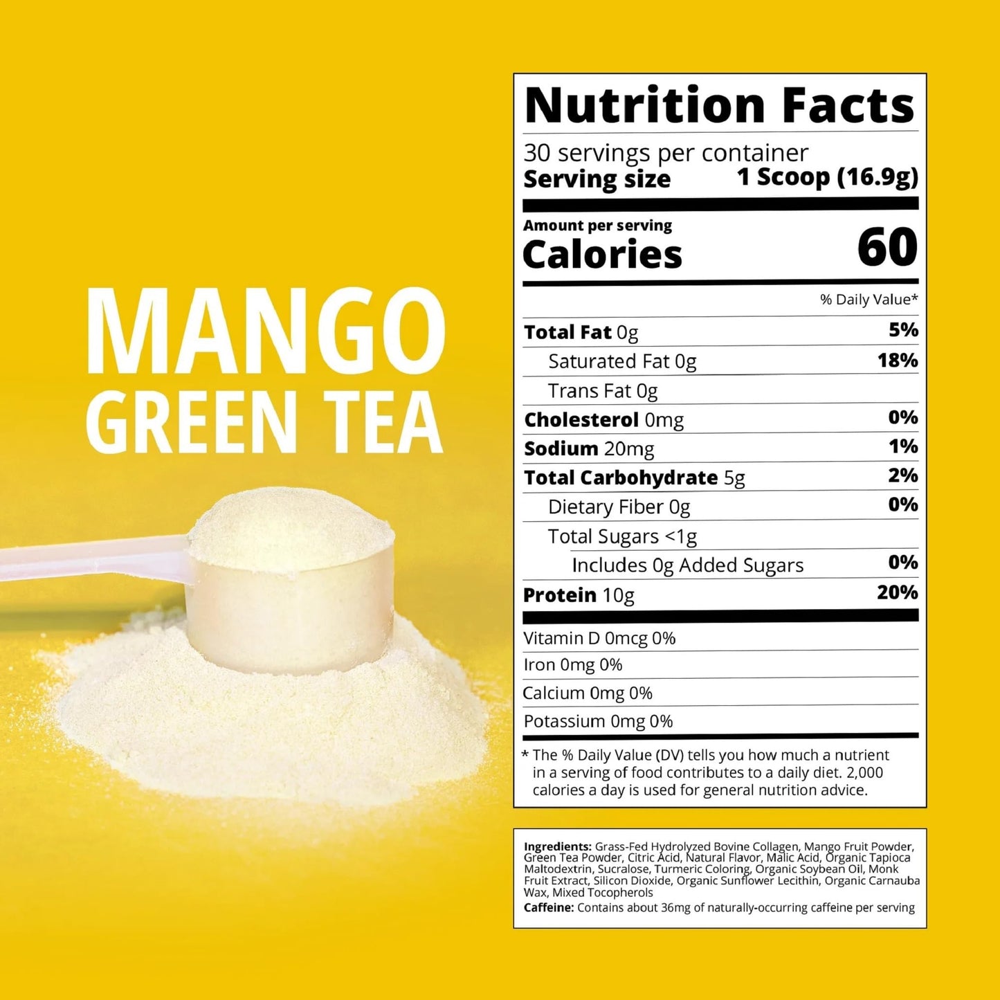 Mango Green Tea Collagen Powder | 30 Servings | Grass-Fed Bovine, No Added Sugar