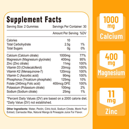 Calcium Magnesium Zinc Gummies with Vitamin D3 & K2 – Vegan Mango-Pineapple, 60 Gummies