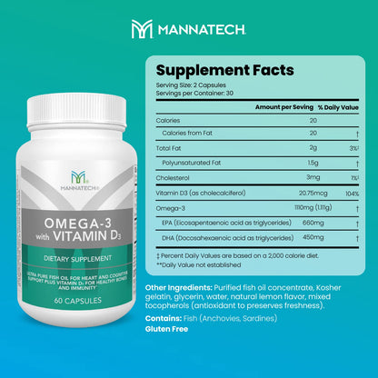 Mannatech Omega-3 with Vitamin D3 – Bone, Heart & Brain Health | Pure Fish Oil