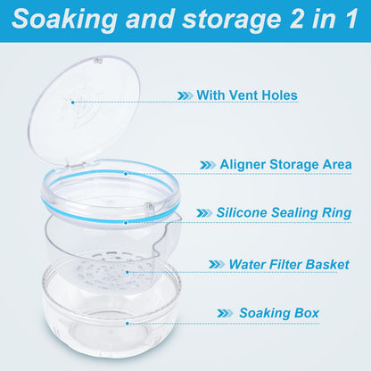 Maoerdental Retainer Cleaner Case – Double Layer No-Leak Denture Cup for Soaking Dentures, Invisalign, Retainers, Mouth Guards (Transparent)